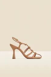 Womens Tan Leather Knot Detail Flared Heel Sandals - Size Uk 5