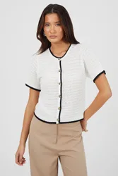 Women's Stitch Detail Short Sleeve Crew Neck Cardigan Sweater in White Size: Large - White - Size: L
