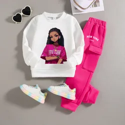 Conjunto de sudadera cuello redondo y pantalón de chándal con estampado de dibujos animados para niñas