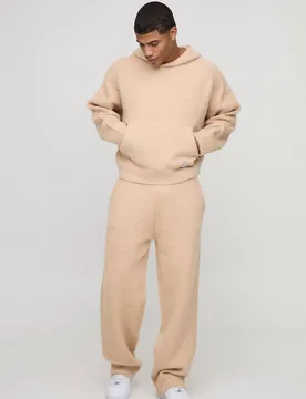 Herren Boxy Fit Brushed Hoodie Sweatshirt und Flared Jogger Hose Trainingsanzug Stone Größe Medium - boohooMAN - FashionsVida
