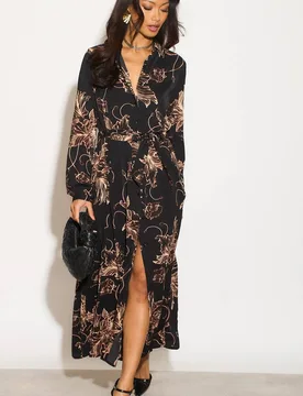 Women's Black Floral Print Midaxi Shirt Dress Size: 16 - Black - Size: 16 - LOVE SUNSHINE - FashionsVida