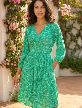 Ditsy Floral Print V-Neck Dress - Green - Size: 14 - Dusk - FashionsVida