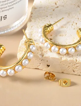 Vintage Textured Gold Plated Pearl C Hoop Earrings For Women French Elegant Stud Earring Daily Wedding Party Luxury Jewelry Gift - Aliexpress - FashionsVida