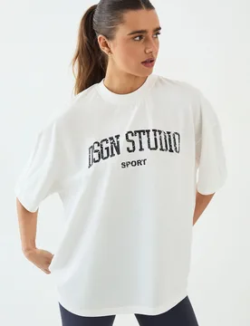Womens Collegiate Printed Oversized T-Shirt - Cream Cotton - Size X-Small - DSGN Studio - FashionsVida