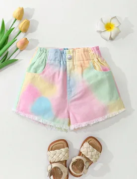 Shorts vaqueros de estilo tie-dye para niñas jóvenes, nueva llegada de verano, estilo casual y lindo, con borde crudo, cintura elástica tipo paperb - Shein - FashionsVida