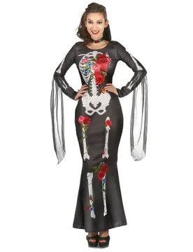 Tag-der-Toten-Damenkleid Skelettkostüm mit Blumenmuster schwarz-bunt - KARNEVAL-MEGASTORE - FashionsVida