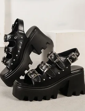 Sizes 36-42 Woman High Heeled Roman Shoes Punk Metal Buckle Platform Sandals Women 2025 Summer Rivet Decor Black Gothic Sandals - Aliexpress - FashionsVida
