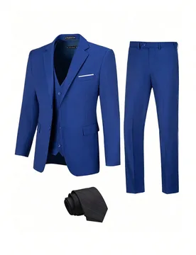 Conjunto de traje elegante de 3 piezas para hombre, unicolor, corte slim fit, blazer de boda de un solo pecho, chaleco, pantalones y corbata, para fie - Shein - FashionsVida