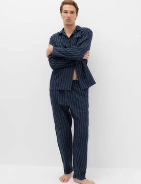 Pure Cotton Brushed Stripe Pyjama Set Navy Mix male - M&S - FashionsVida