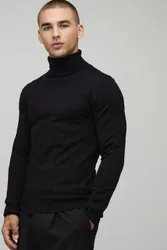 Herren Muscle Fit Rollkragen Strickpullover Black Größe XS