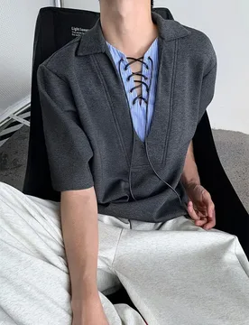 Summer Splicing Lace-up V-neck Fake Two-piece Short-sleeved Men's Lapel T-shirt Top - Aliexpress - FashionsVida