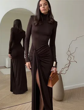 Autumn Women Prom Dress High Neck Full Sleeves Side Split Ruffles Long Sheath Party Gown Formal Wedding Guest Birthday Robe - Aliexpress - FashionsVida
