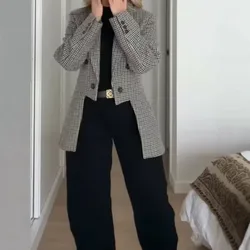 Houndstooth Tweed Blazer Notched Lapel Double Breasted Split Back Irregular Hem Long Sleeve Loose Vintage Suit Jacket 260701