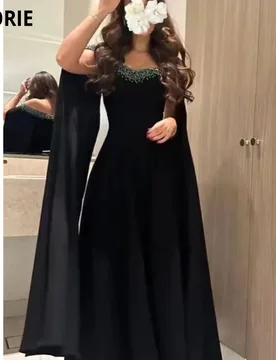 LORIE Elegant A-line Satin Prom Dresses Beaded Vestido Novia Longue Robe De Soiree Strapless With Cape Black Vestidos De gala - Aliexpress - FashionsVida