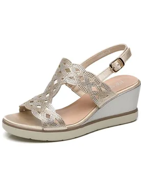 Women's Rhinestone Glitter Sparkling Slingback Buckle Strap Wedge Sandals in Light Beige Size: 4 - Light Beige - Size: 4 - IVACHY - FashionsVida