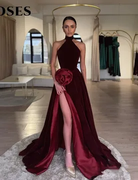 ROSES Burgundy Halter Evening Dress with 3D-Flowers Sleeveless Prom Dress Sexy Split Party Formal Gown robe de bal Customized - Aliexpress - FashionsVida