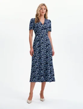 Floral V-Neck Midi Waisted Dress Blue Mix female - Finery London - FashionsVida