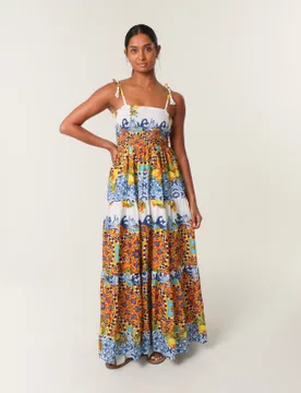 Lemon Abstract Print Shirred Maxi Dress - S / MULTI - female - Blue Vanilla - FashionsVida