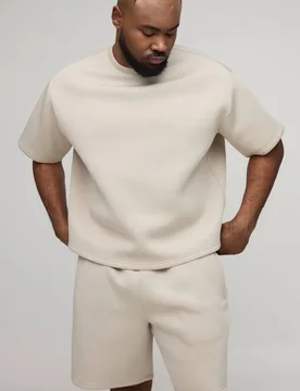 Men's Plus Oversized Boxy Bonded Scuba T-Shirt & Relaxed Short Set Stone Size 4X-Large Stone 4XL - boohooMAN - FashionsVida