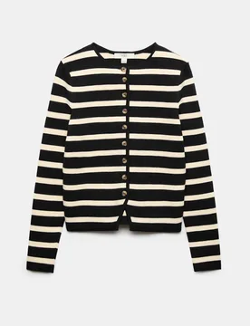 Cotton Rich Striped Slim Fit Cardigan Black Mix female - M&S - FashionsVida