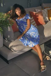 Leaf Print Smocked Midi Dress - Blue - Size: 14