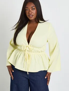 Womens Plus Flared Sleeve Tie Front Ruched Waist Top - Yellow - Size 24 Uk - Boohoo - FashionsVida