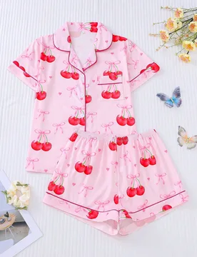 Conjunto de pijama de 2 piezas para mujer, estampado de cerezas, ropa de estar en casa para mujer, conjunto de vacaciones de primavera/verano, top de - Shein - FashionsVida