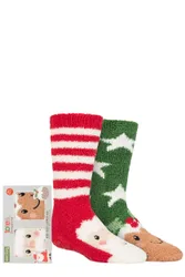 Boys and Girls 2 Pair Chunky Christmas Novelty Slipper Socks with Pom Pom Detail Santa / Pudding 2-3 Years - Multi Coloured - Size: 2-3 Years