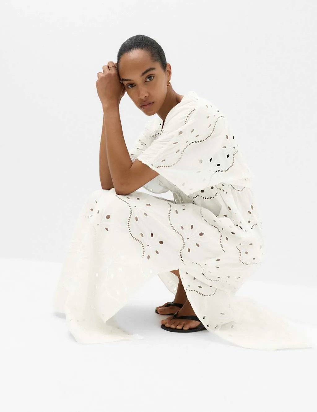 Pure Cotton Cutwork Maxi Kaftan Dress Soft White female - M&S - FashionsVida