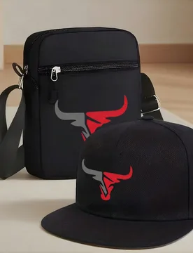 Set de gorra de béisbol y bolso bandolera con estampado gráfico de cabeza de toro enérgico, moda urbana para deportes al aire libre con visera plan - Shein - FashionsVida