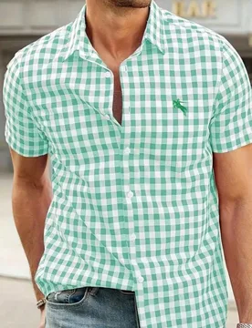 Camisa a cuadros de manga corta roja, logo bordado único, camisa a cuadros refrescante, casual y versátil - Shein - FashionsVida