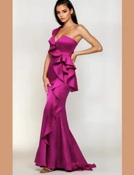 New Fuchsia Mermaid Evening Dress One Shoulder Ruffles Long Satin Sweep Train Formal Prom Party Gowns Robe De Soriee - Aliexpress - FashionsVida