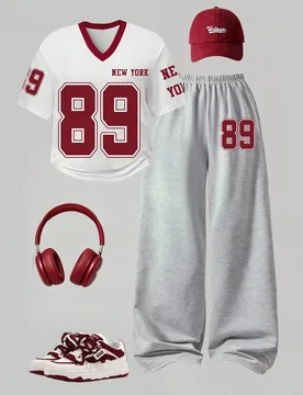 Conjunto casual de camiseta de manga corta con cuello en V y estampado de letras y pantalones de pierna ancha para niña preadolescente, vuelta al col - Shein - FashionsVida