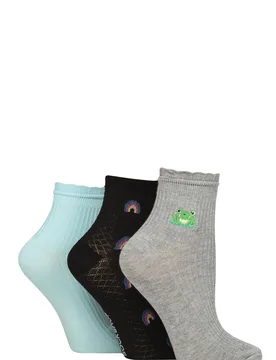 Women's 3 Pair Frill Welt Ribbed Bamboo Anklet Socks Rainbow 4-8 - Multi Coloured - Size: Small - ELLE - FashionsVida