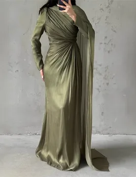 Arab Green Wrap Prom Dress Elegant High Neck Full Sleeve Long Sheath Party Bridal Gown Casual Formal Guest Wedding Birthday Robe - Aliexpress - FashionsVida