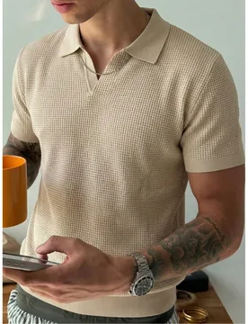 Camisa polo de punto gofrado de unicolor para hombre, manga corta, top casual, delgado - Shein - FashionsVida