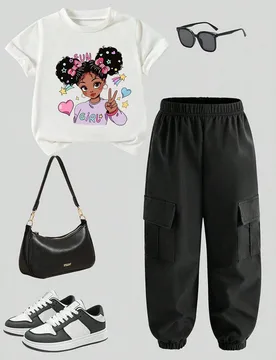 Conjunto de top de manga corta con estampado de dibujos animados y pantalones cargo para niña joven - Shein - FashionsVida