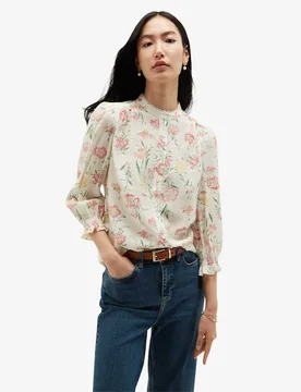 Floral Round Neck Lace Trim 3/4 Sleeve Blouse White Mix female - Hobbs - FashionsVida