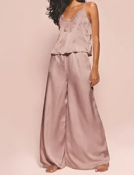 Conjunto de pijama de satén con camisola con ribete de encaje y pantalón de pierna ancha, conjunto de pijama de lujo para noches acogedoras - Shein - FashionsVida