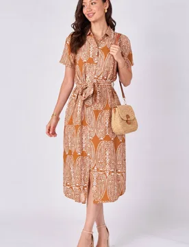 Women's Rust Paisley Print Short Sleeve Midi Shirt Dress in Orange Size: 10 - Orange - Size: 10 - LOVE SUNSHINE - FashionsVida