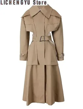 Women Cut-out Big Size Camel Long Trench New Lapel Long Sleeve Loose Fit Windbreaker Fashion Spring Autumn - Aliexpress - FashionsVida