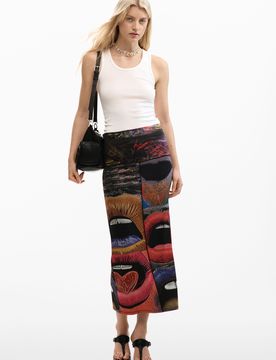 Falda punto estampada, Mujer, Viscosa, Negro, XS
