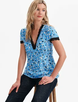 Floral Lace Trim V-Neck Top Blue Mix female - Finery London - FashionsVida