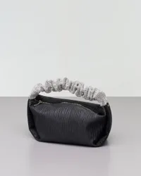 Borsa mini a mano nera in raso goffrato con manico rivestito in strass argento