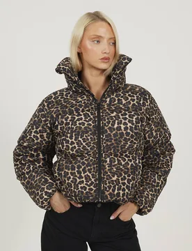 Women's Leopard Print Short Puffer Jacket With Oversized Collar in Brown Size: 16 - Brown - Size: 16 - Brave soul - FashionsVida