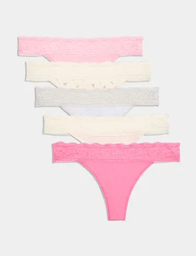 Pk Cotton & Lace Printed Thongs Pink Mix female - M&S - FashionsVida