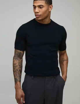 Herren Muscle Fit Soft Touch Gestricktes T-Shirt Black Größe Large - boohooMAN - FashionsVida