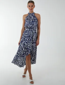 Womens Abstract Print Halter Neck Midi Wrap Dress - Navy - Size 8 Uk - Blue Vanilla - FashionsVida