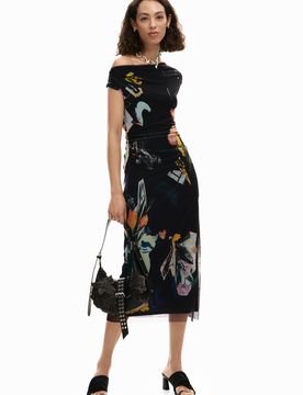 Vestido midi collage, Mujer, Poliester, Negro, XS