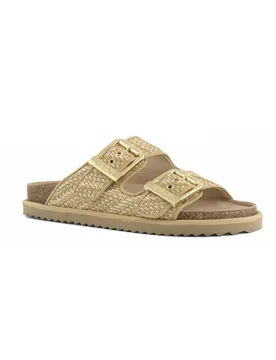 Sandali in rafia beige e oro metallizzata a doppia fascia con fibbie dorate - Colors of California - FashionsVida